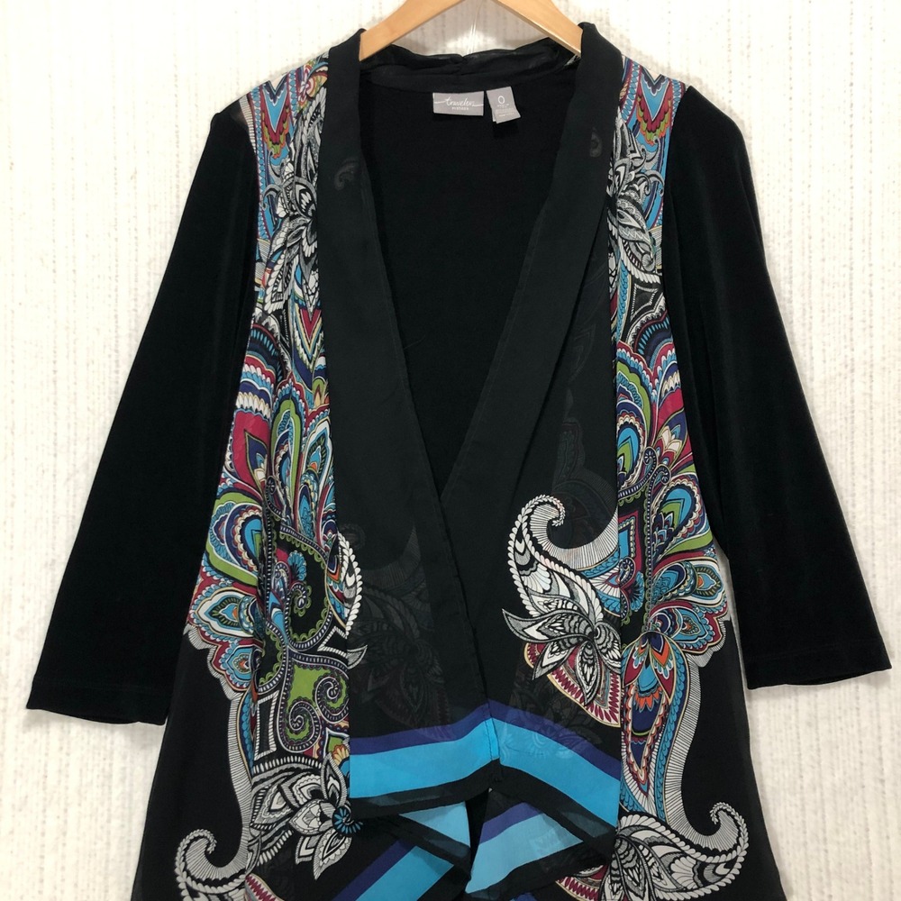 Travelers by‎ Chico's Open Front Cardigan Paisley Print Sheer Black Size 0